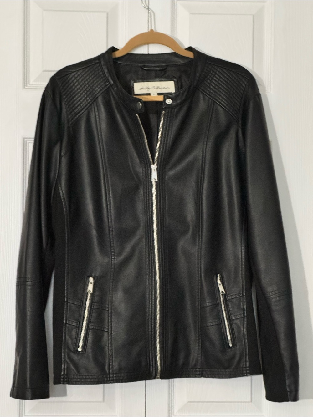 Sebby Collection Black Faux Leather Moto Jacket Knit Panels XXL